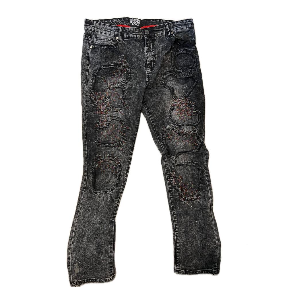 Rock Salt Distressed Black Jeans Mens 38x31
